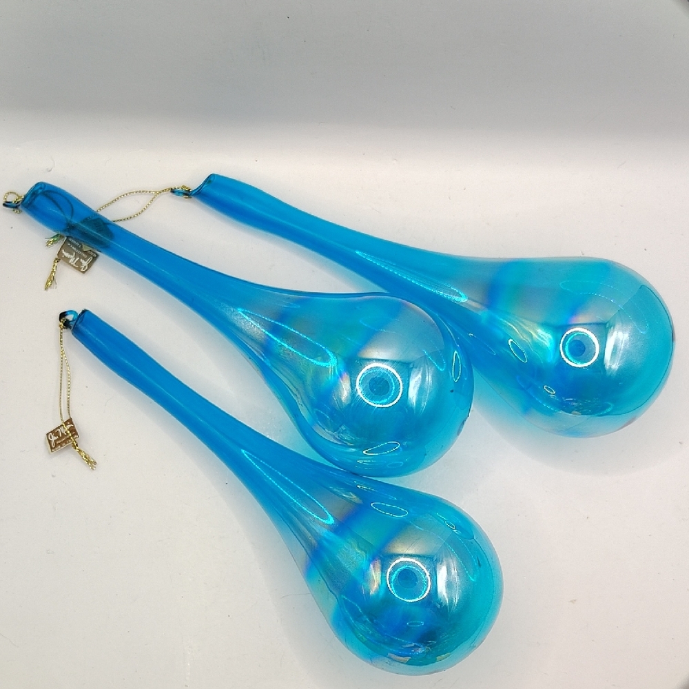 Vintage Jim Marvin Collection Iridescent Blue Glass Teardrop Ornaments Set of 3